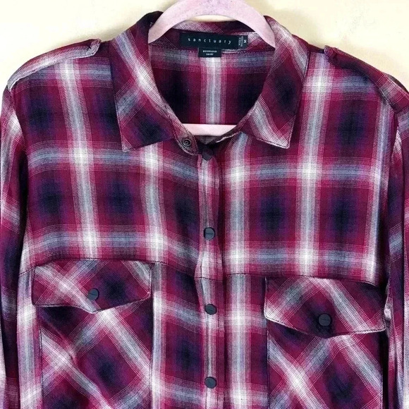 Sanctuary Maroon/White Plaid 100% Rayon Rolled Sleeves Snap Down Shirt Size M - Picture 4 of 16